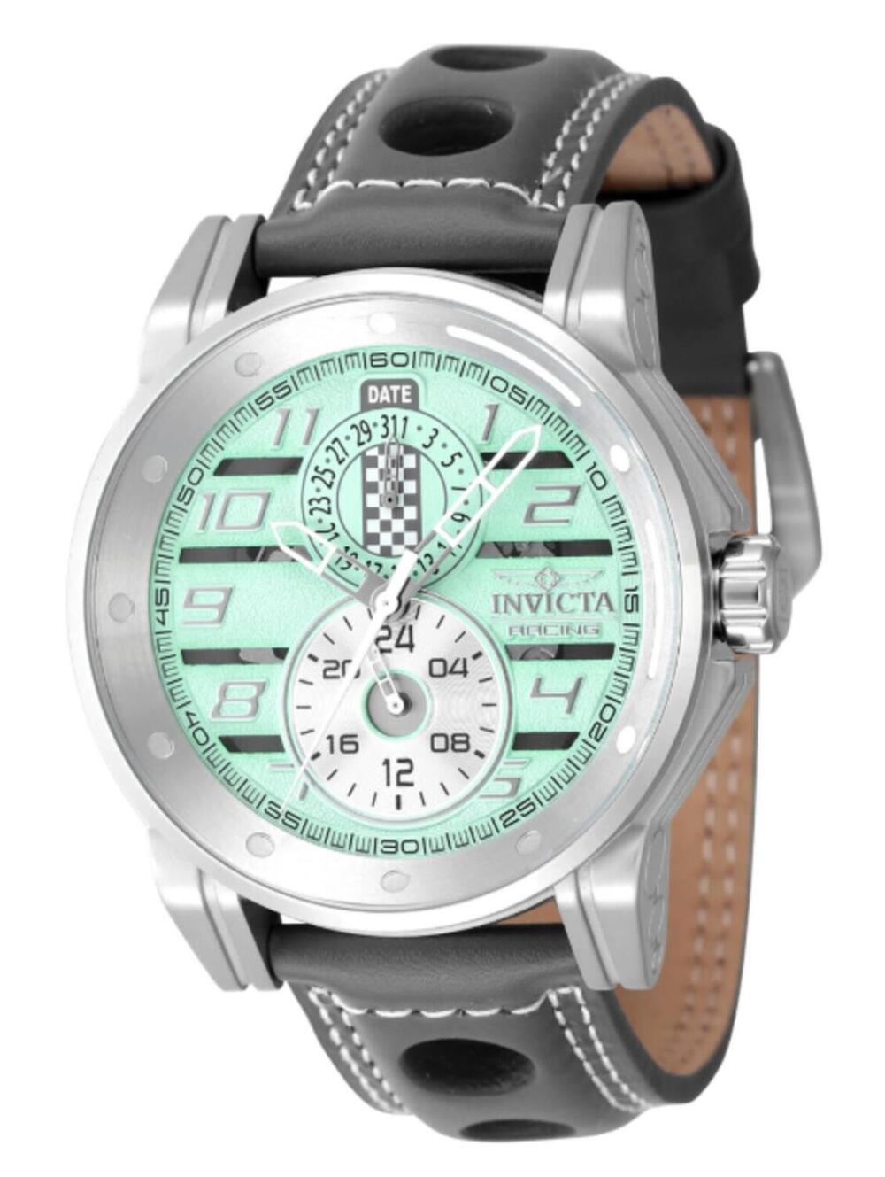Invicta Racing Men’s Mint Green Dial Grey Leather Strap Watch